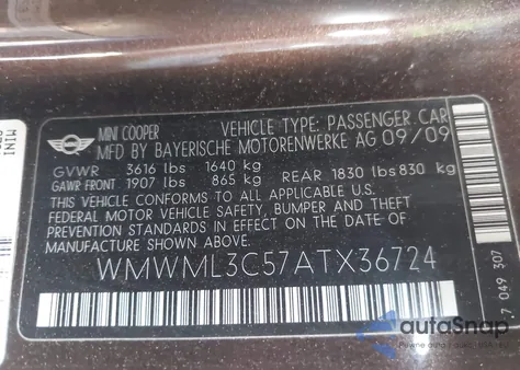2010 Mini Cooper Clubman from USA, damaged, VIN WMWML3C57ATX36724